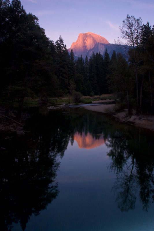 Half Dome Reflected In Merced River At Sunset